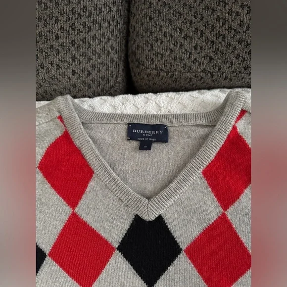 Burberry Golf Long Sleeve V-Neck Argyle Sweater Grey Red Black Merino Wool Small - Picture 6 of 16